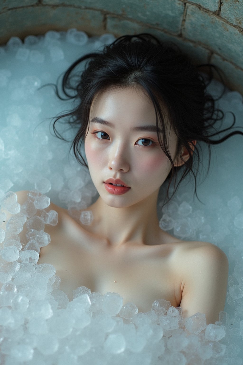 woman lying in a bath of ice cubes