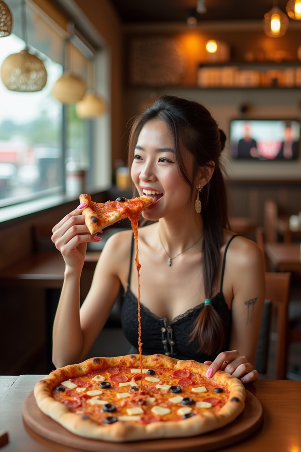 woman sitting in a restaurant eating a large pizza