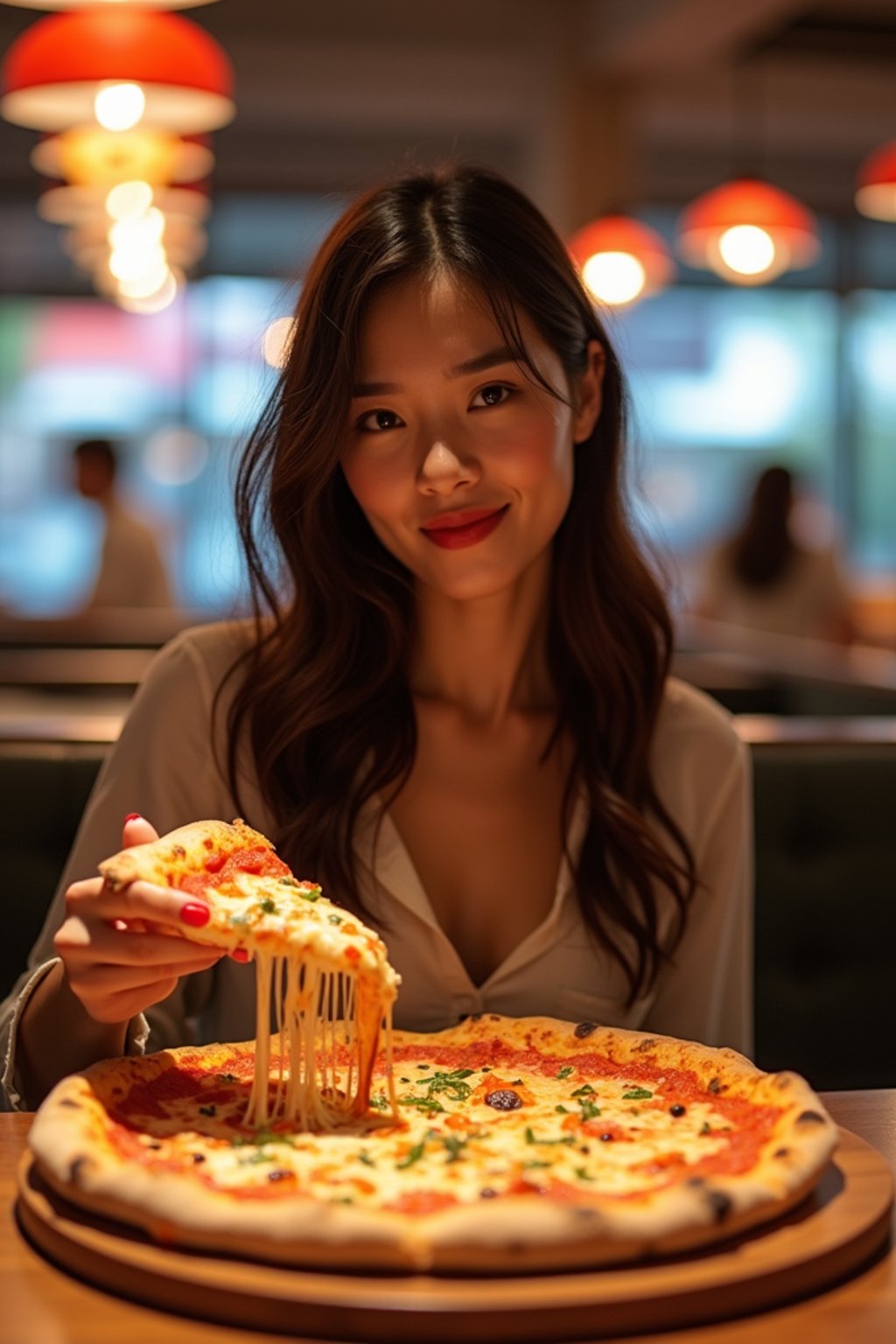 woman sitting in a restaurant eating a large pizza