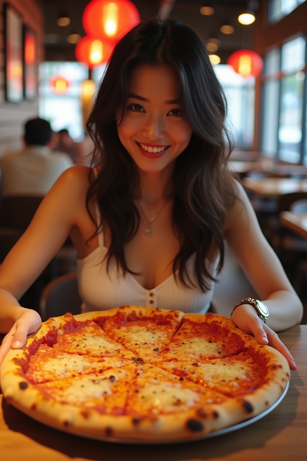 woman sitting in a restaurant eating a large pizza