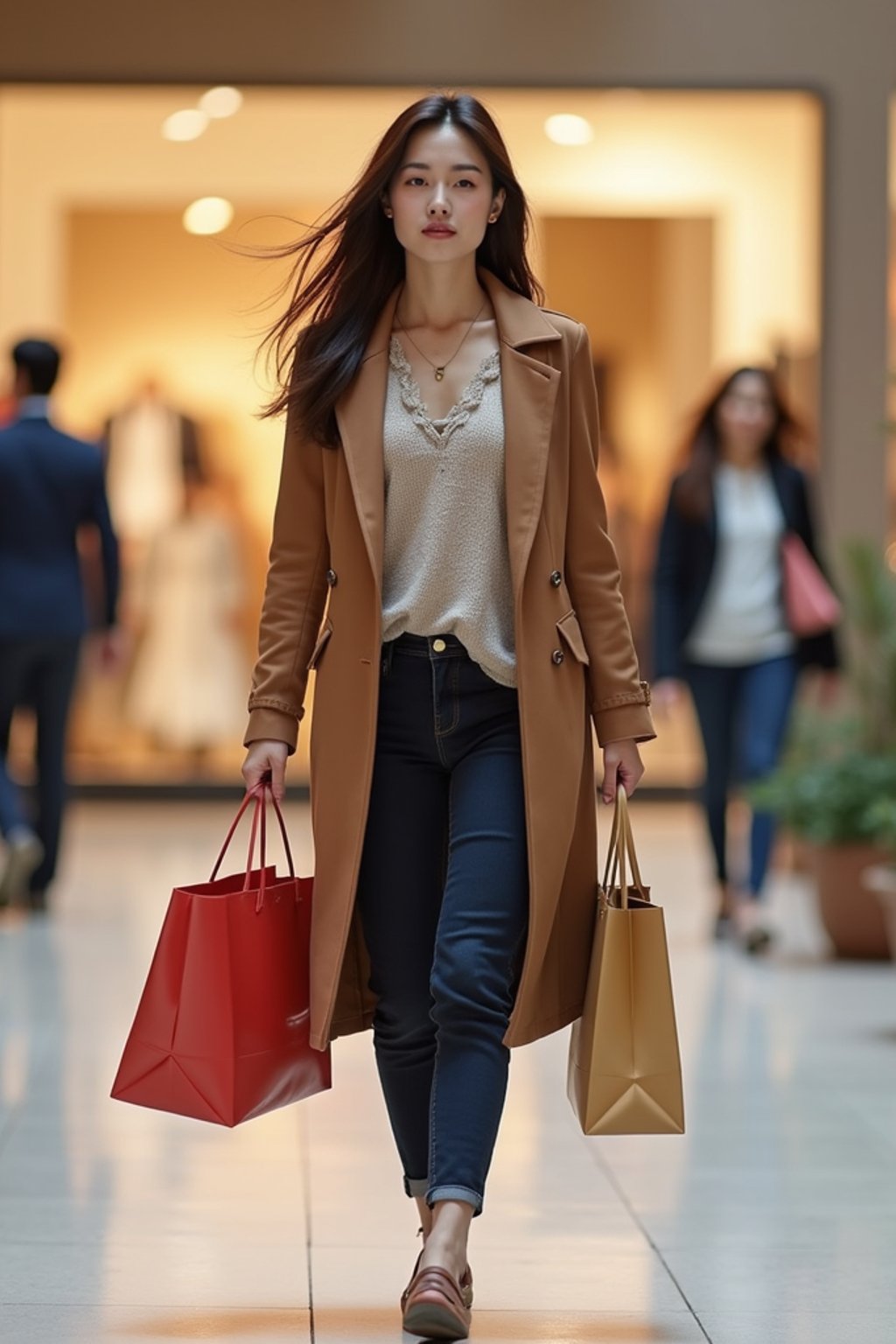 woman walking in a shopping mall, holding shopping bags. shops in background