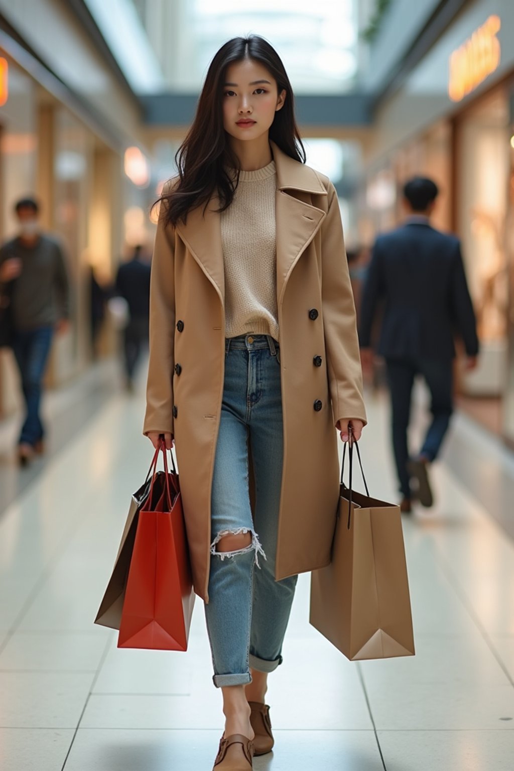 woman walking in a shopping mall, holding shopping bags. shops in background