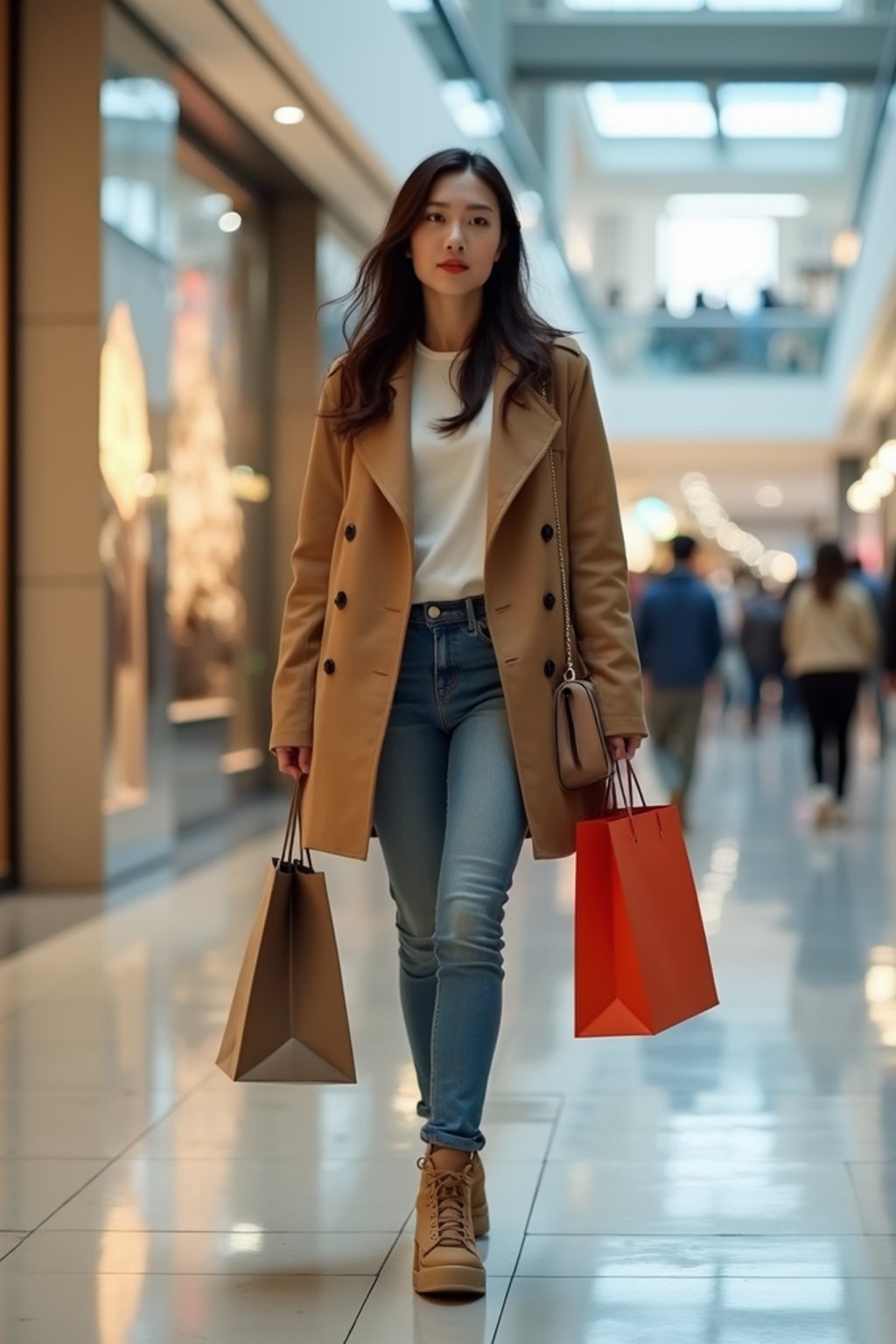 woman walking in a shopping mall, holding shopping bags. shops in background