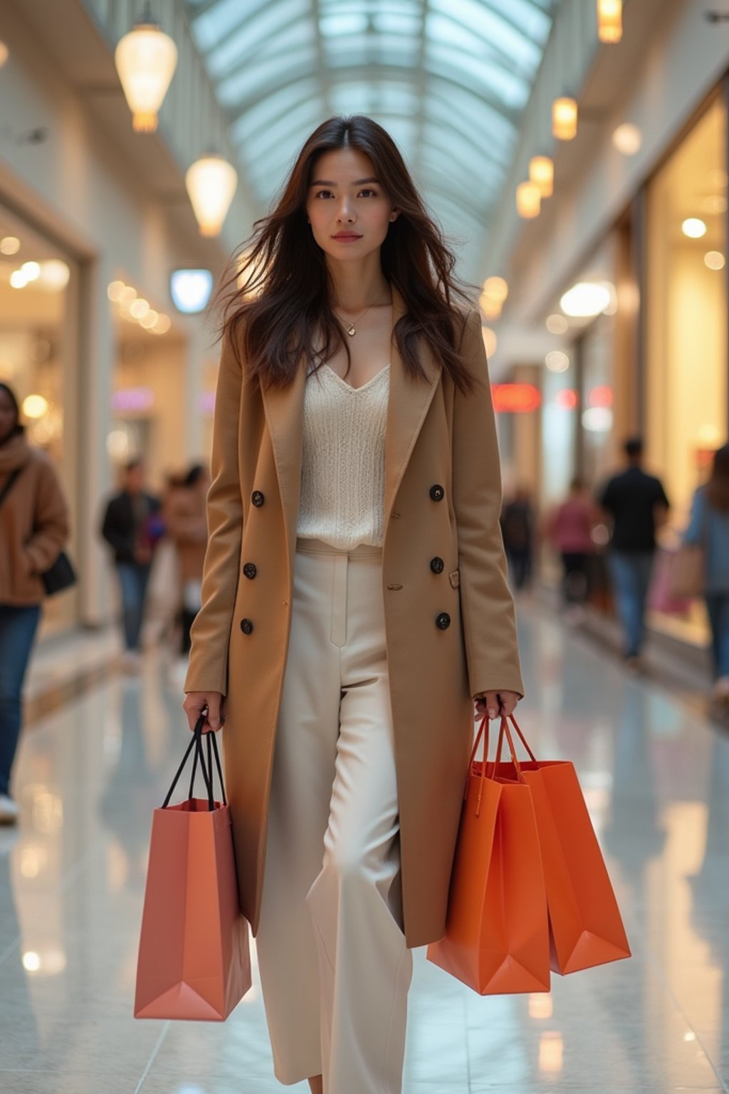 woman walking in a shopping mall, holding shopping bags. shops in background