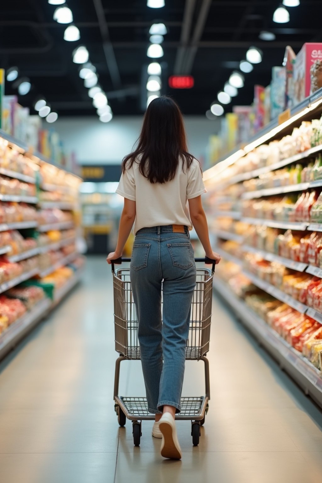 woman in Supermarket walking with Shopping Cart in the Supermarket Aisle. Background of Supermarket