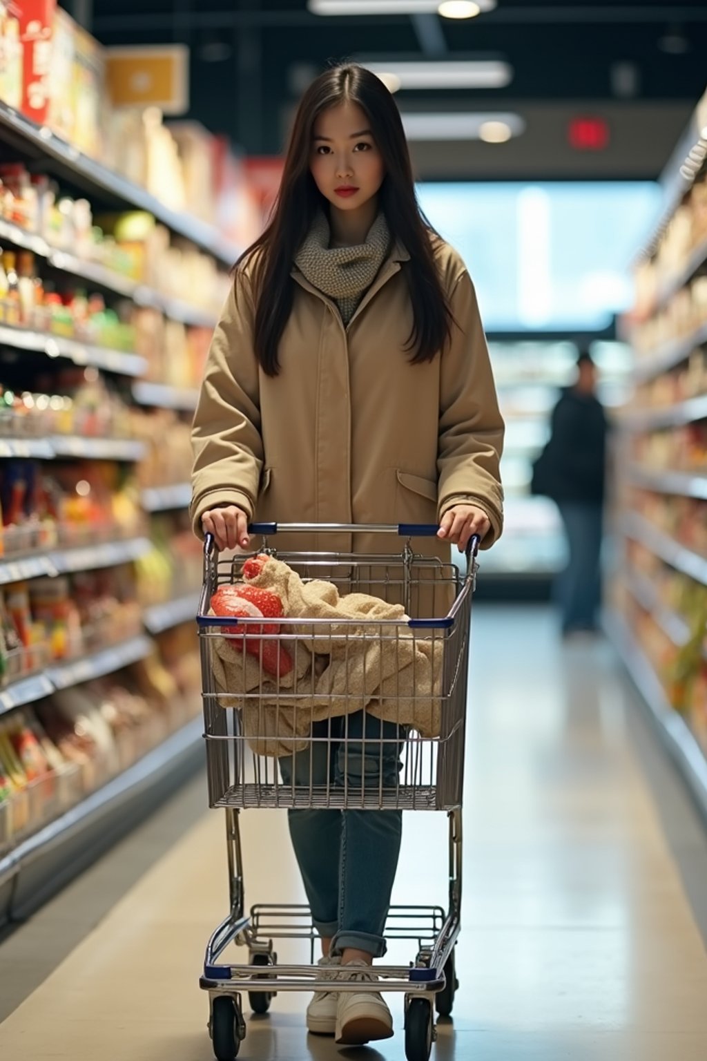 woman in Supermarket walking with Shopping Cart in the Supermarket Aisle. Background of Supermarket