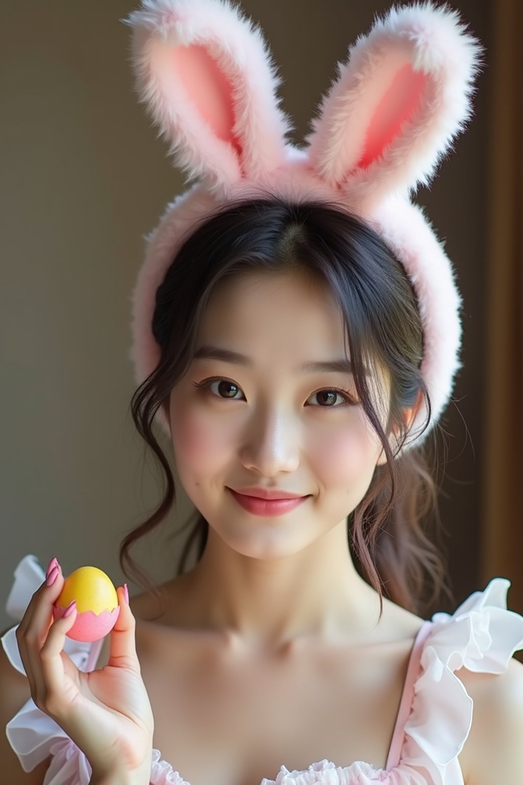 woman dressed up for Easter with Easter Bunny Ears at the Easter Breakfast. Easter Eggs. Easter Bunny