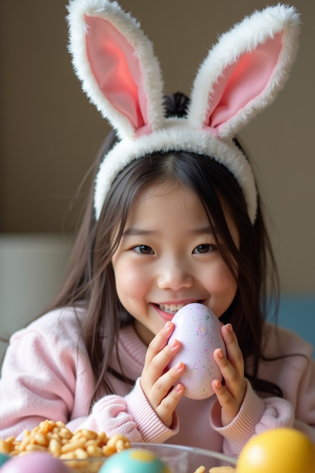 woman dressed up for Easter with Easter Bunny Ears at the Easter Breakfast. Easter Eggs. Easter Bunny