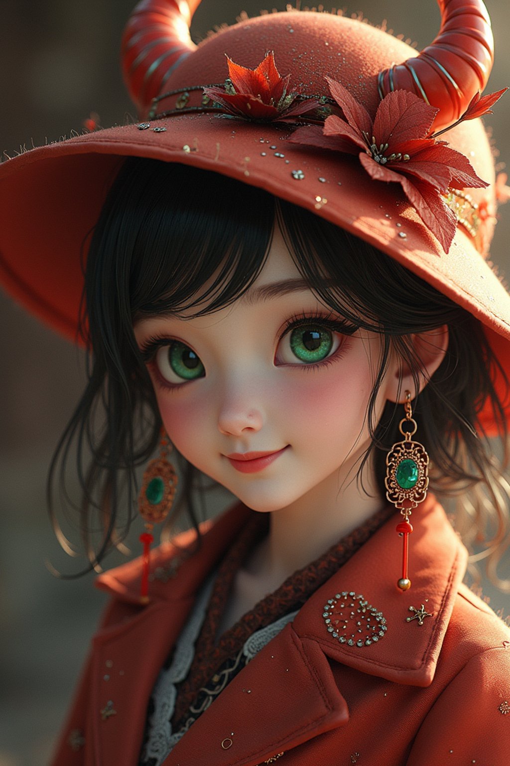 woman as the personification of the Halloween holiday in the form of woman with a villain's smile, (cute)cute hats, cute cheeks, unreal engine, highly detailed, artgerm digital illustration, woo tooth, studio ghibli, deviantart, sharp focus, artstation, by Alexei Vinogradov bakery, sweets, emerald eyes