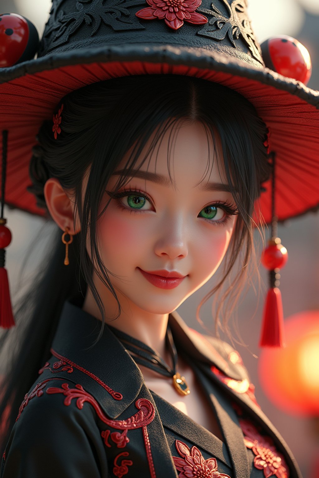 woman as the personification of the Halloween holiday in the form of woman with a villain's smile, (cute)cute hats, cute cheeks, unreal engine, highly detailed, artgerm digital illustration, woo tooth, studio ghibli, deviantart, sharp focus, artstation, by Alexei Vinogradov bakery, sweets, emerald eyes