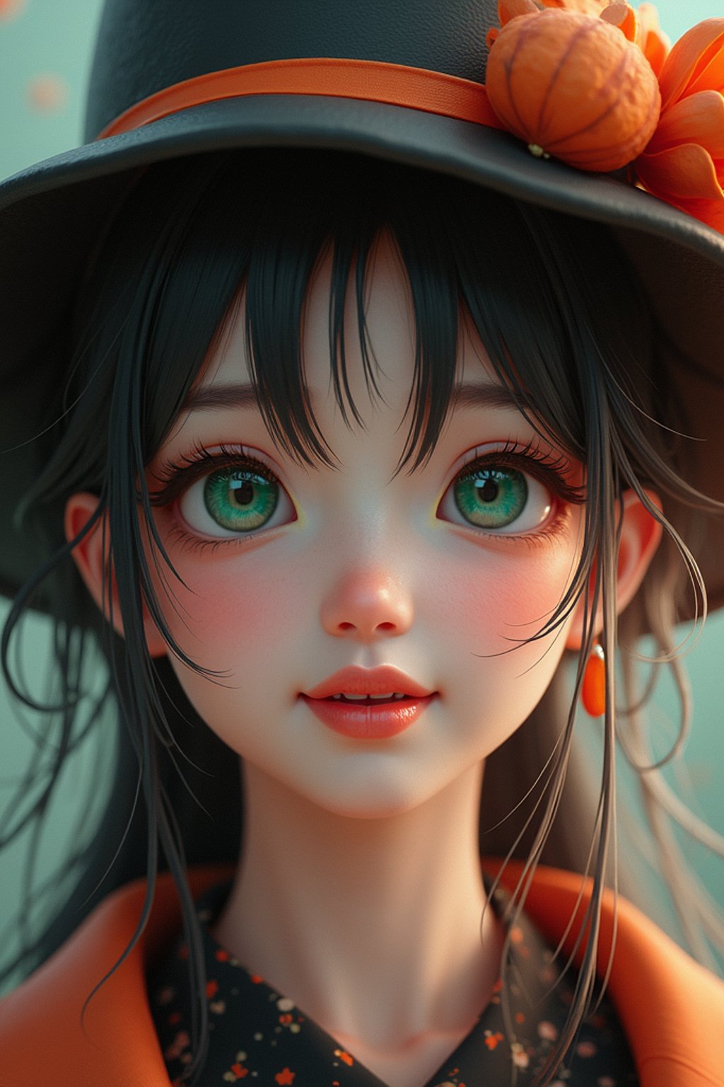 woman as the personification of the Halloween holiday in the form of woman with a villain's smile, (cute)cute hats, cute cheeks, unreal engine, highly detailed, artgerm digital illustration, woo tooth, studio ghibli, deviantart, sharp focus, artstation, by Alexei Vinogradov bakery, sweets, emerald eyes