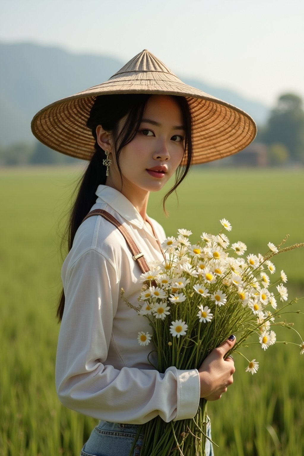 woman farmer with farm in background