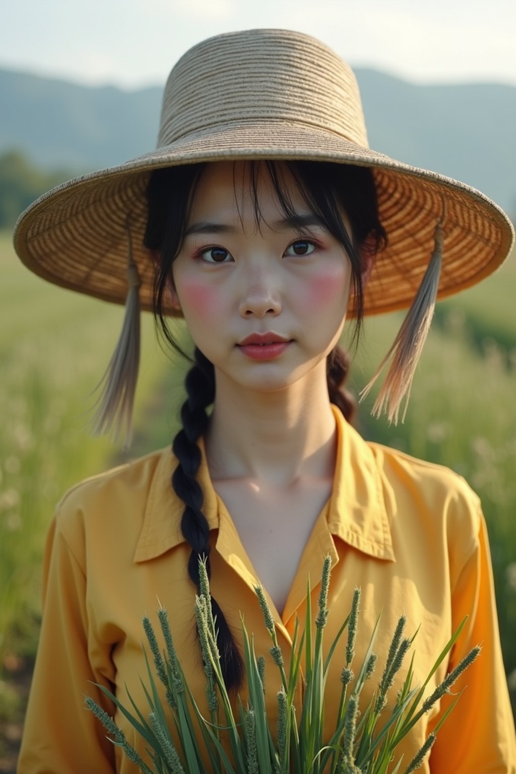 woman farmer with farm in background