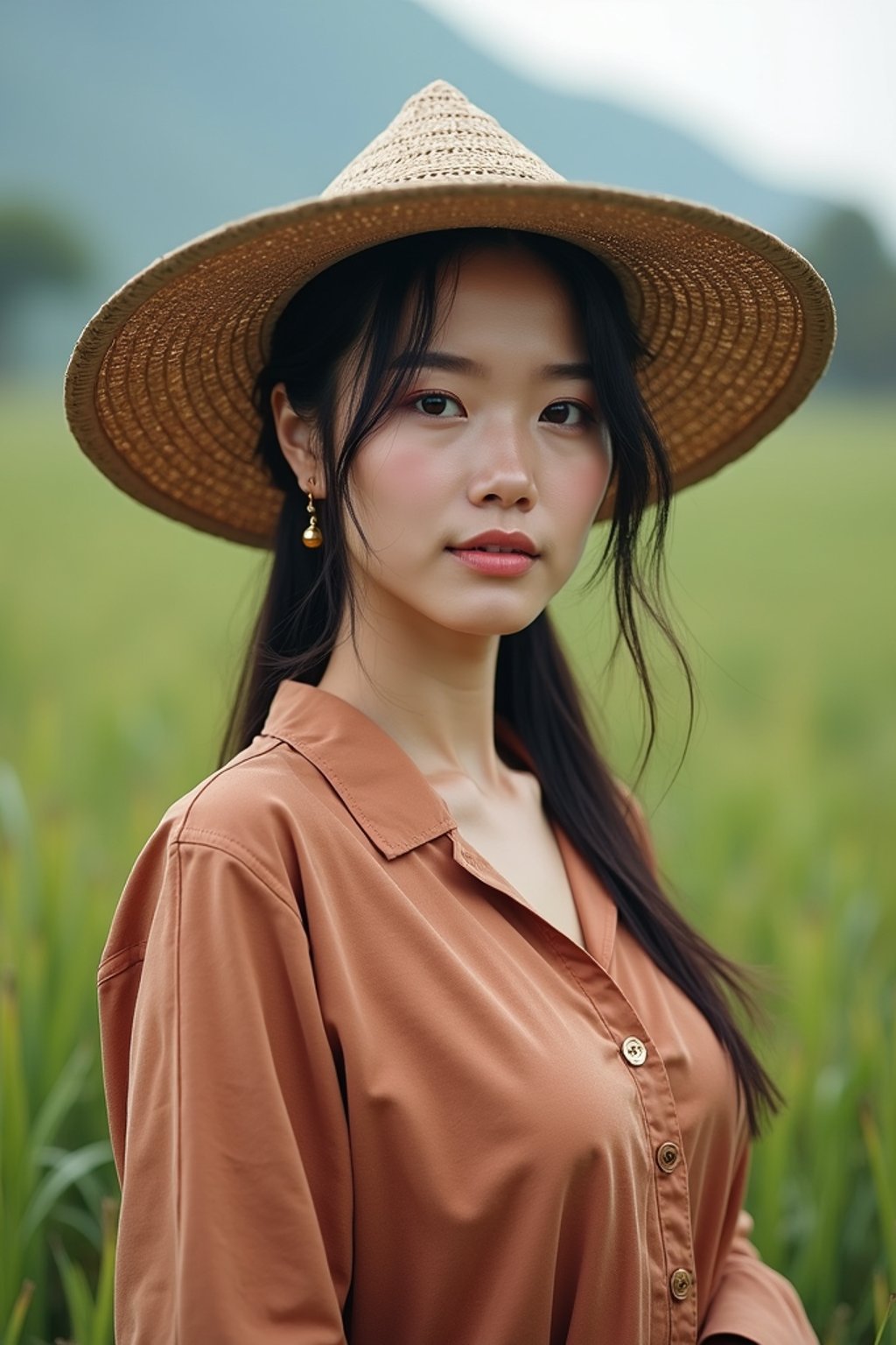 woman farmer with farm in background