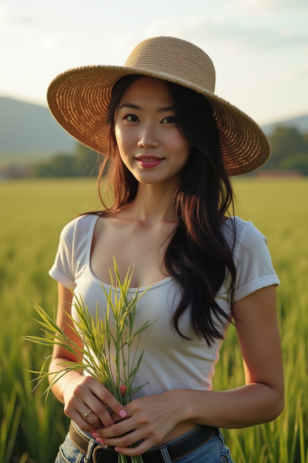 woman farmer with farm in background