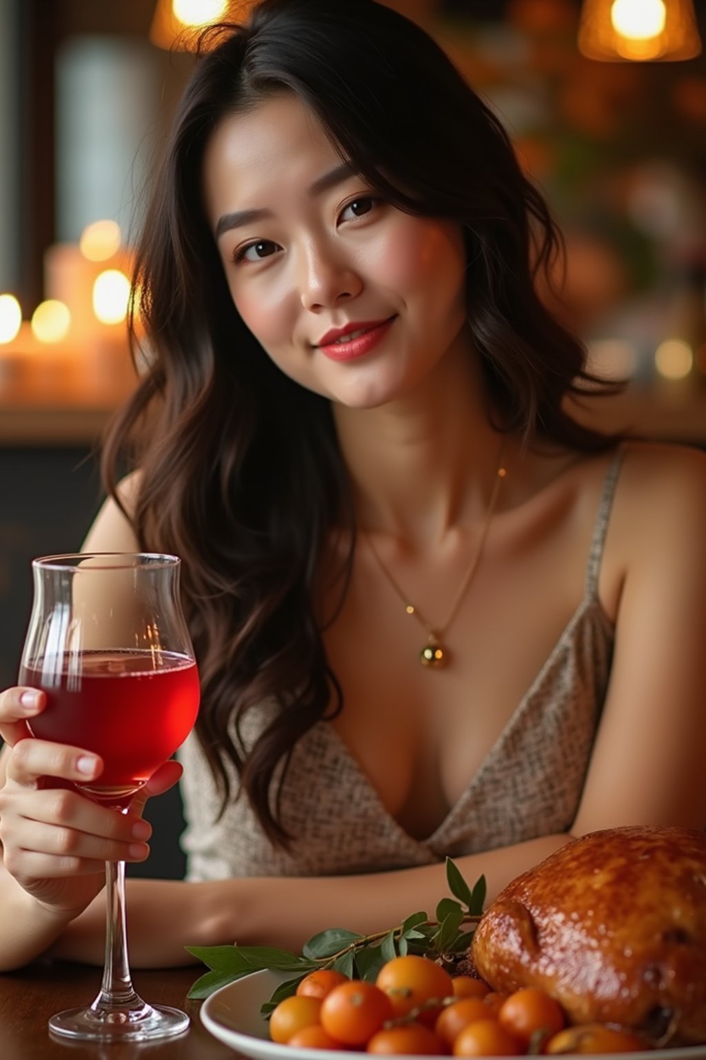 woman celebrating Thanksgiving with cocktail and turkey meat in background