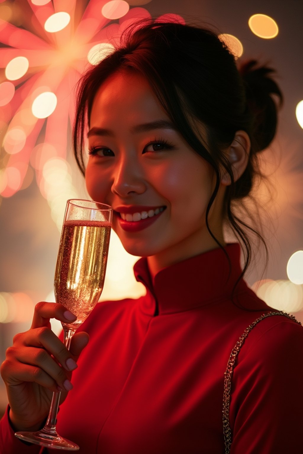 woman celebrating New Year's Eve with champagne and Fireworks in background