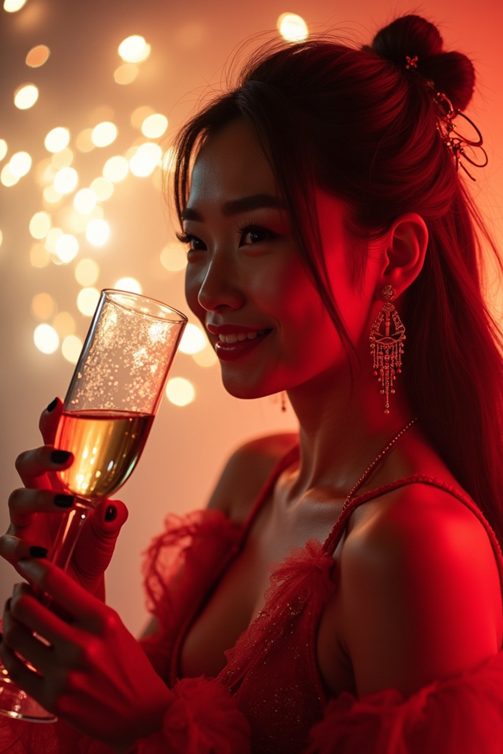 woman celebrating New Year's Eve with champagne and Fireworks in background