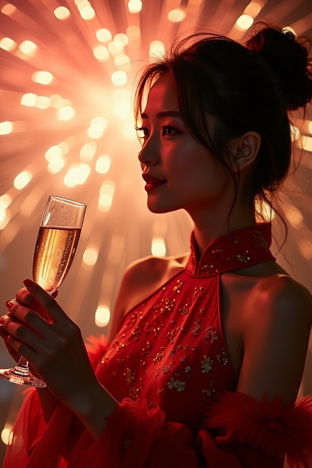 woman celebrating New Year's Eve with champagne and Fireworks in background