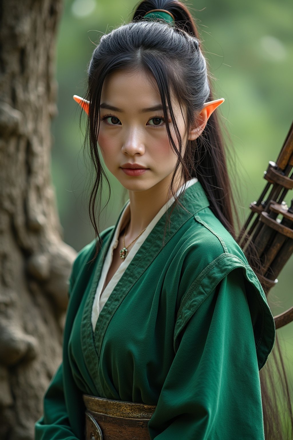 woman as a Medieval Elf Archer Warrior in Green Robe