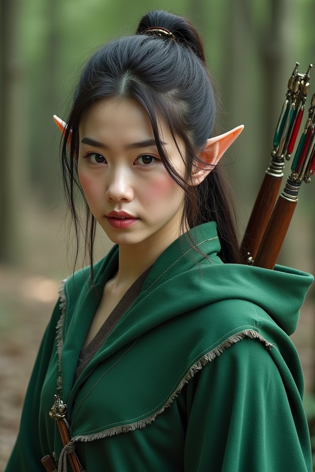 woman as a Medieval Elf Archer Warrior in Green Robe