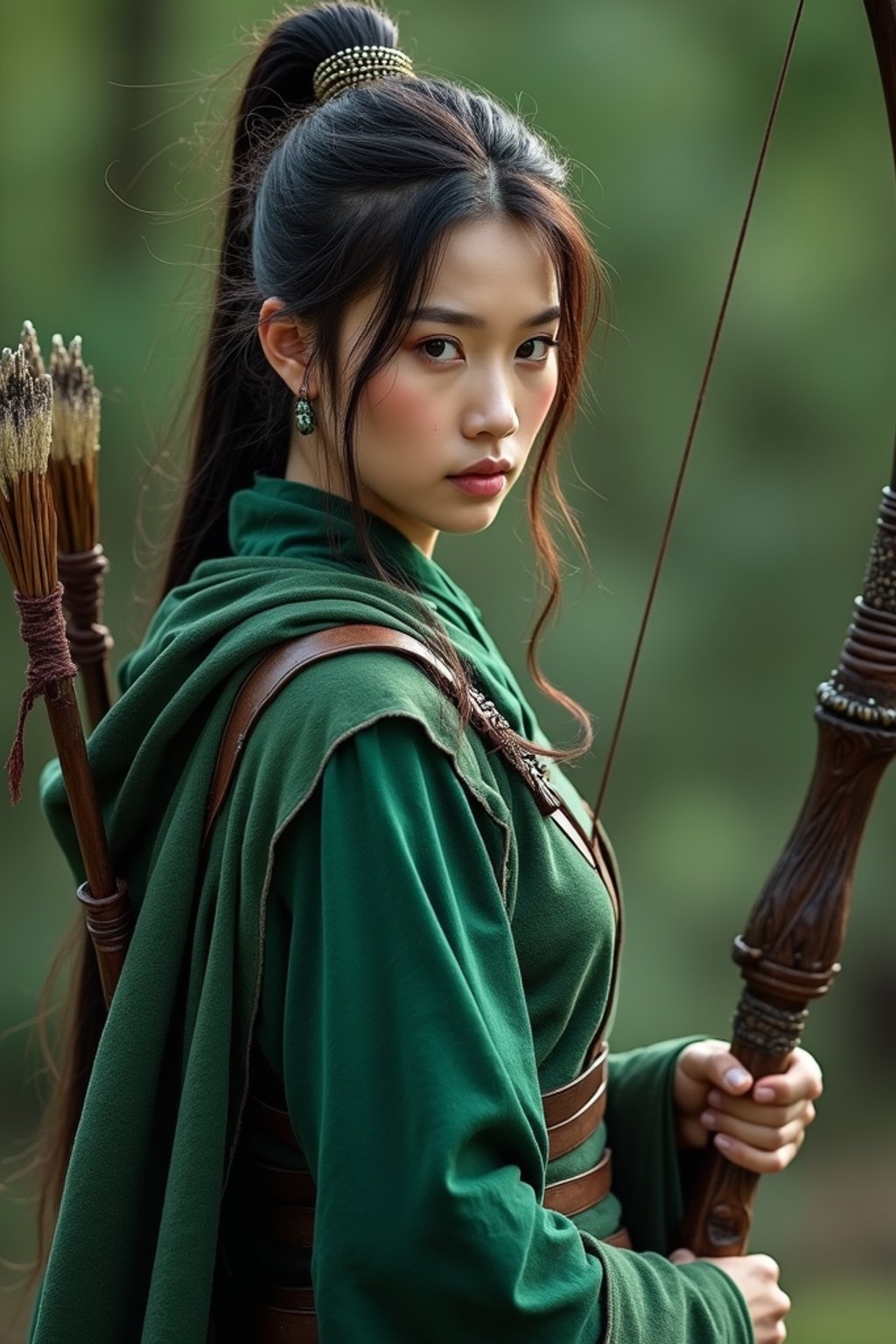 woman as a Medieval Elf Archer Warrior in Green Robe