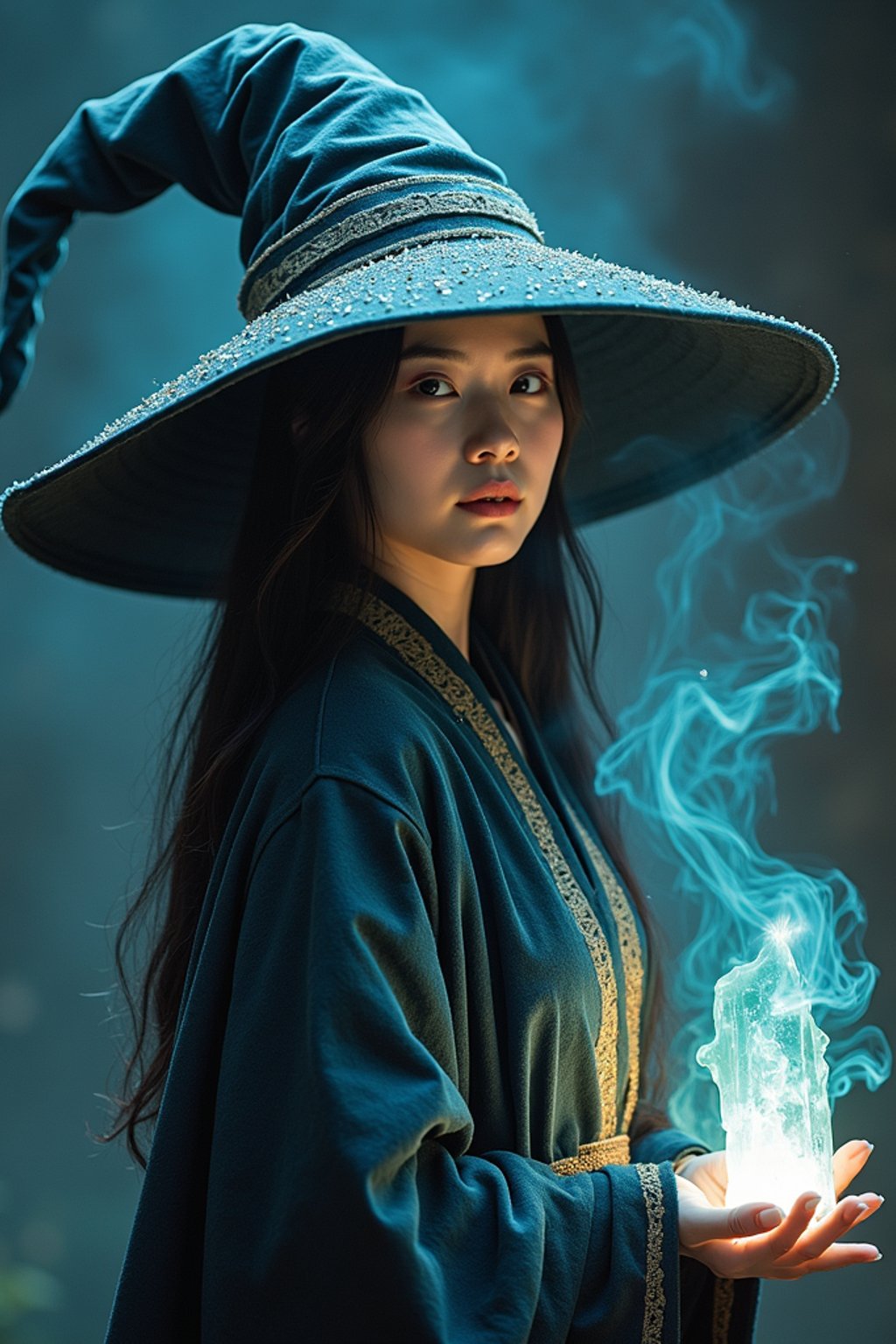 woman as a Wizard with a Wizard robe and big hat, crystal magic, dramatic light