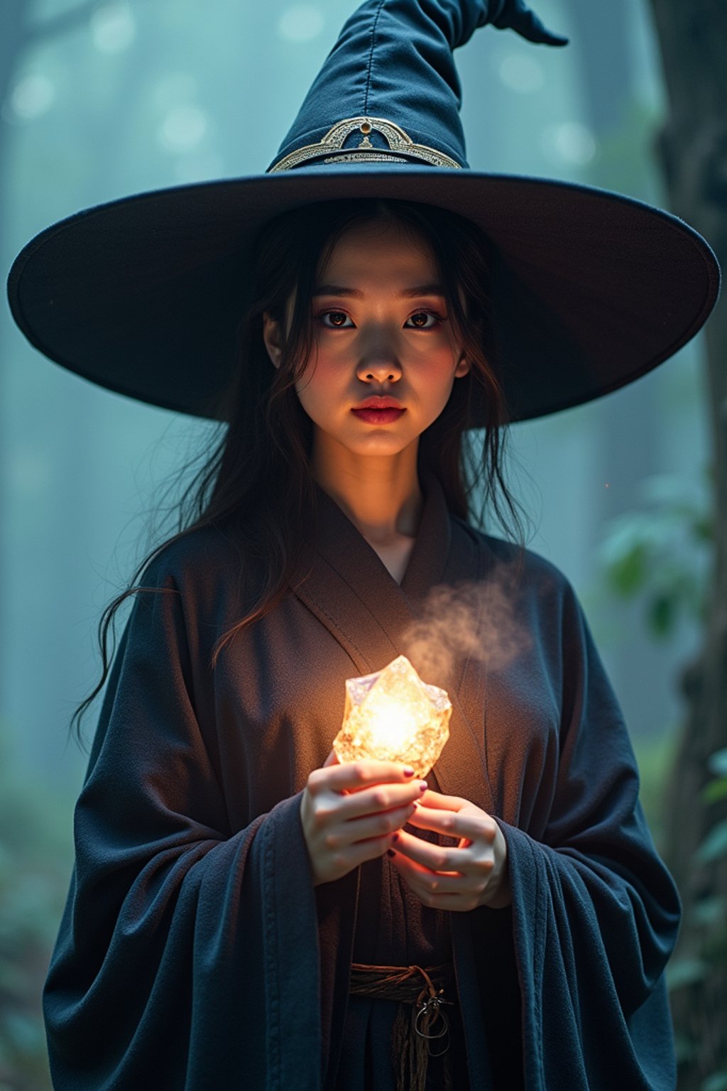 woman as a Wizard with a Wizard robe and big hat, crystal magic, dramatic light