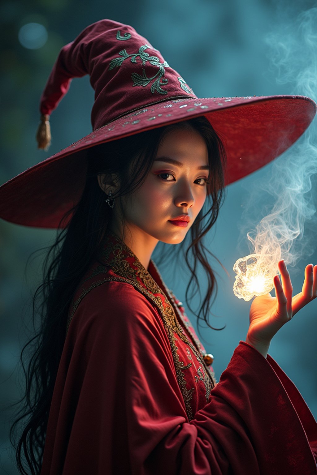 woman as a Wizard with a Wizard robe and big hat, crystal magic, dramatic light