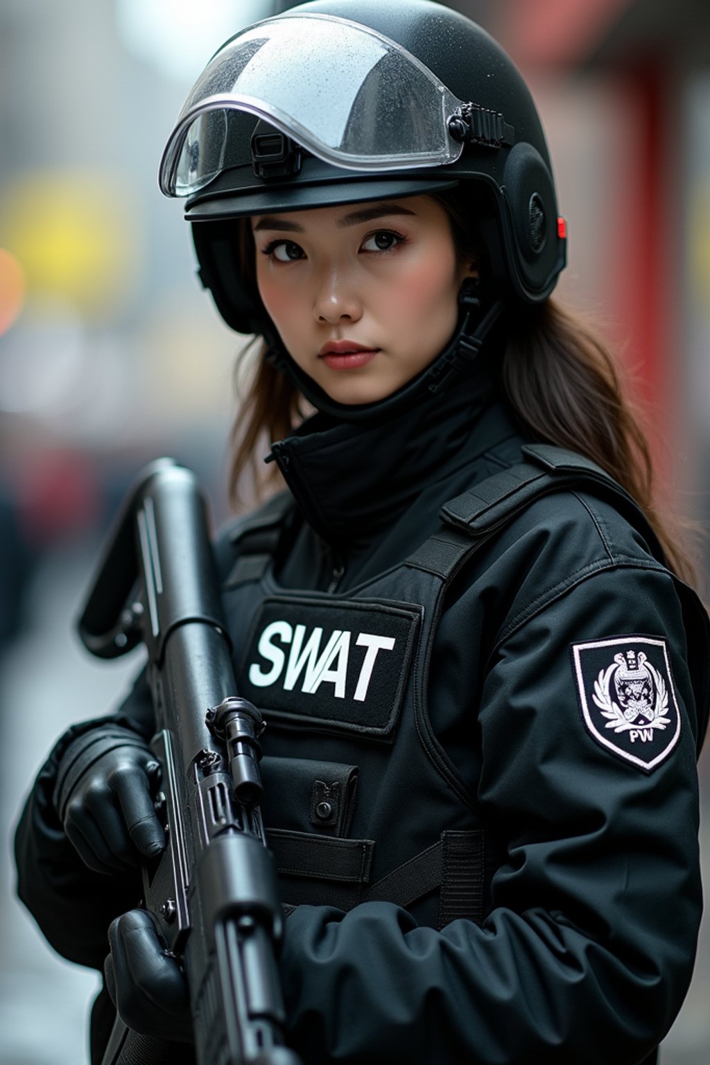 woman as a SWAT Officer. wearing black swat vest, swat helmet, holding pdw