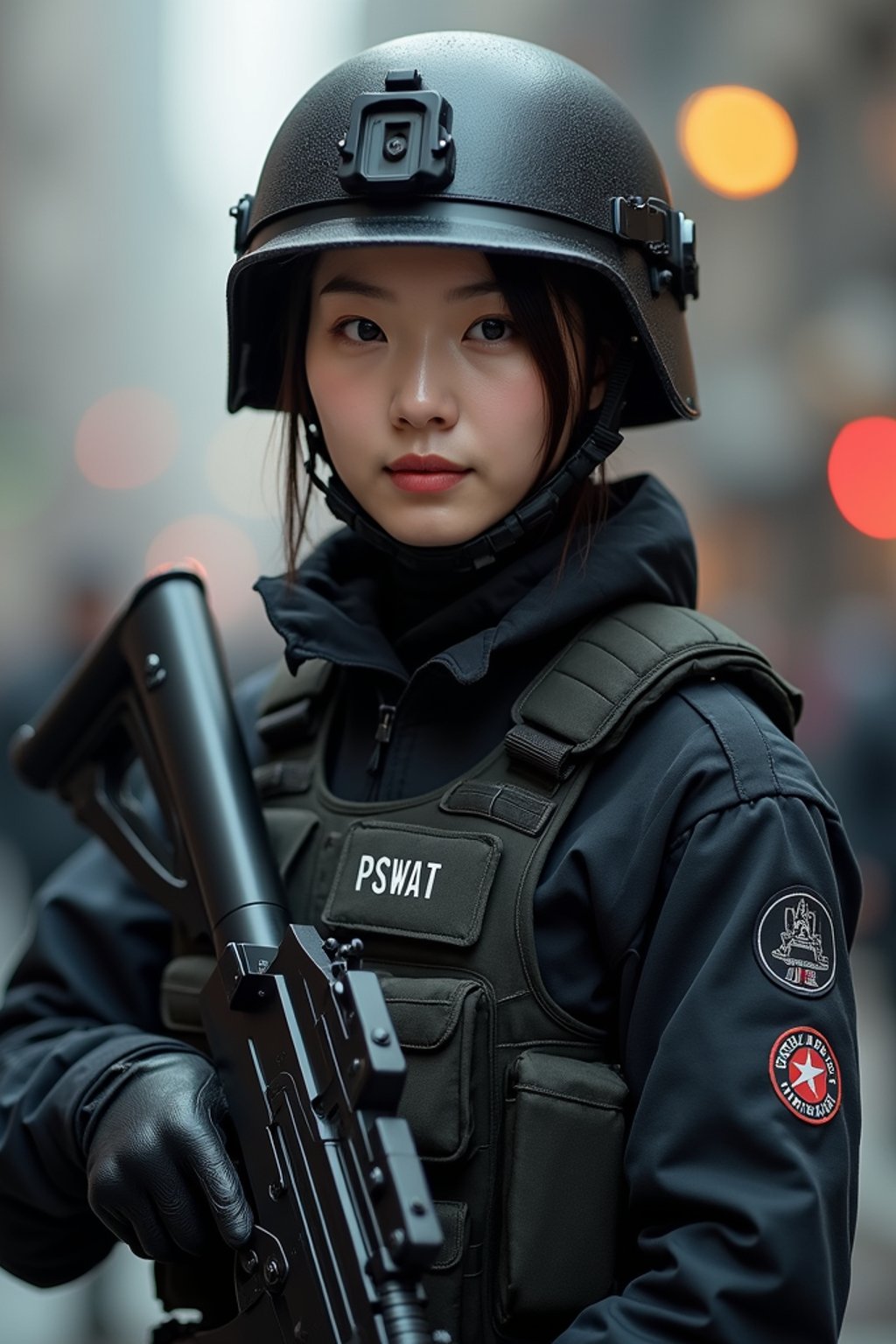 woman as a SWAT Officer. wearing black swat vest, swat helmet, holding pdw