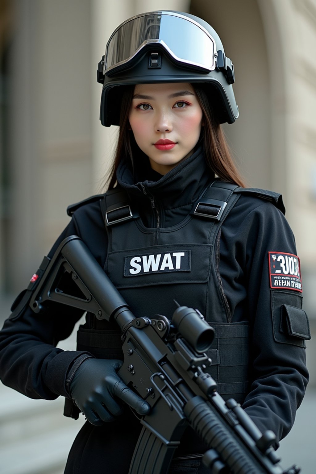 woman as a SWAT Officer. wearing black swat vest, swat helmet, holding pdw