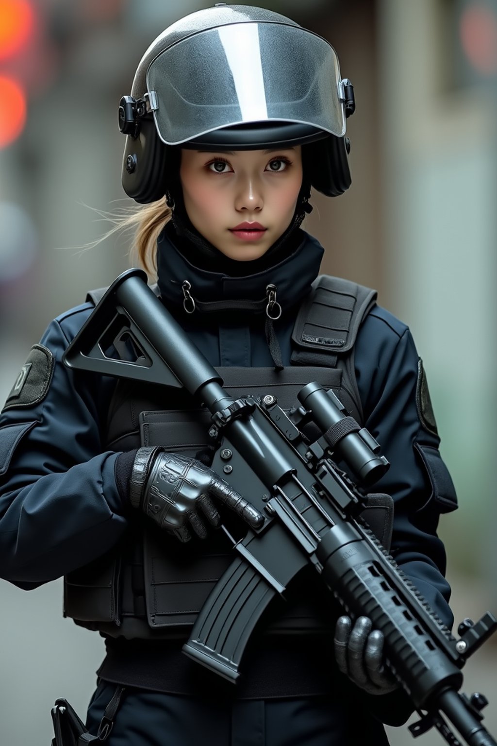 woman as a SWAT Officer. wearing black swat vest, swat helmet, holding pdw