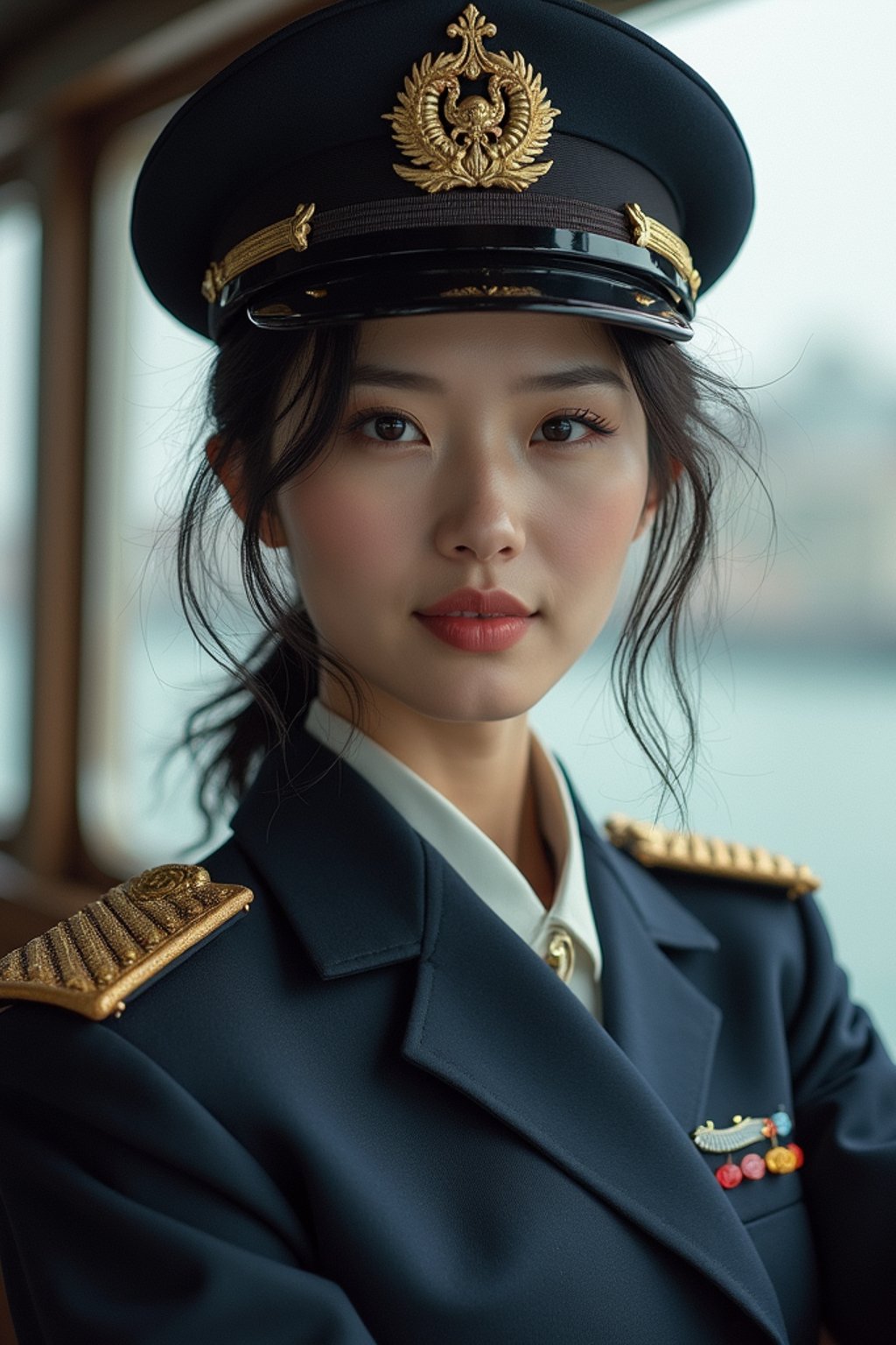 woman as a Navy Officer on a ship. highly detailed