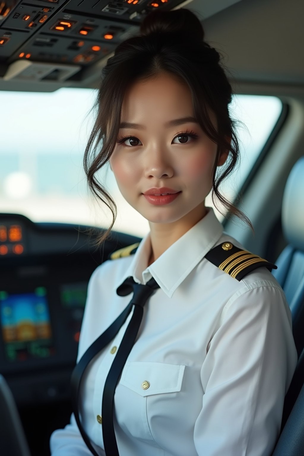 woman as a Airline Pilot inside the Cockpit with white shirt Pilot Uniform