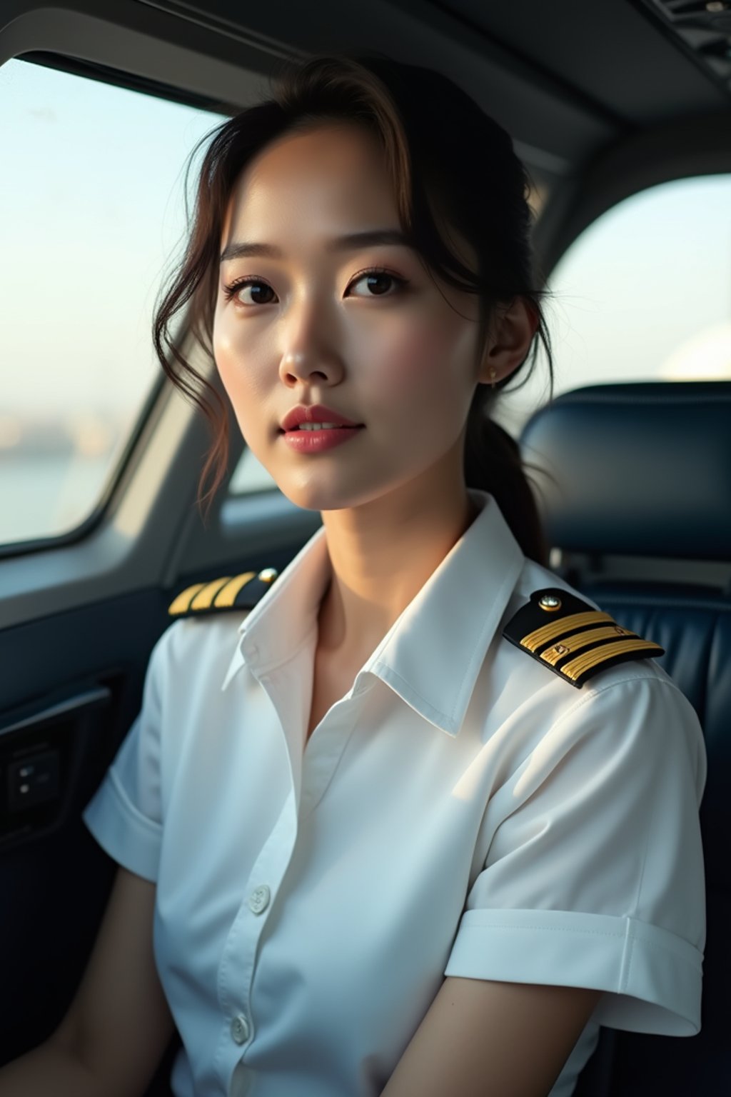 woman as a Airline Pilot inside the Cockpit with white shirt Pilot Uniform