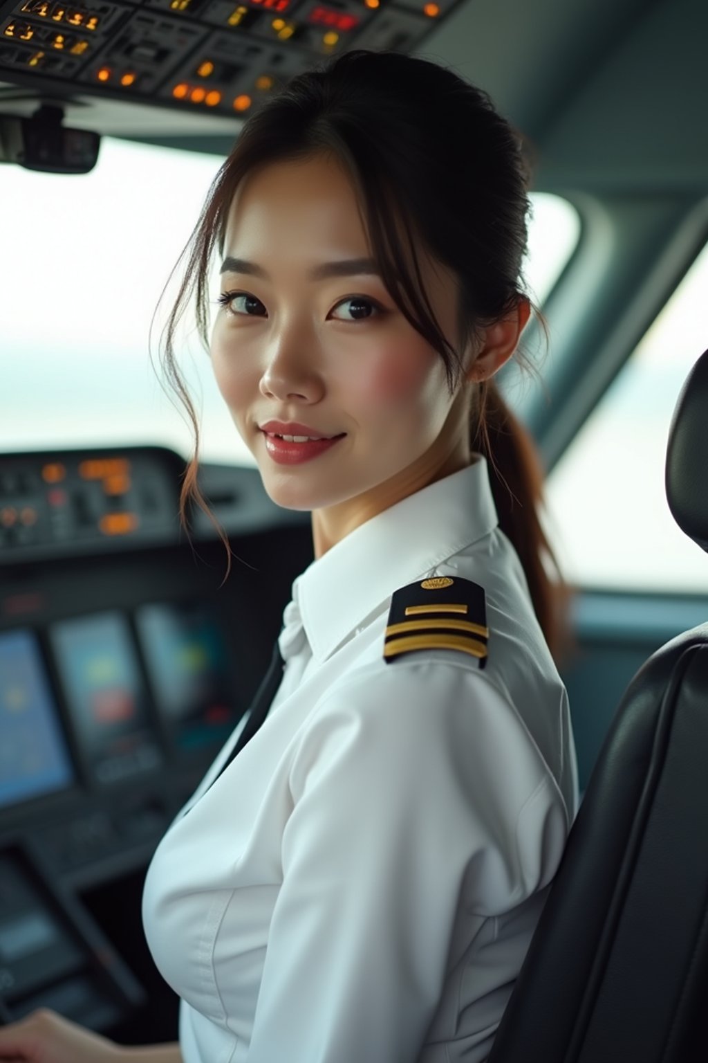 woman as a Airline Pilot inside the Cockpit with white shirt Pilot Uniform