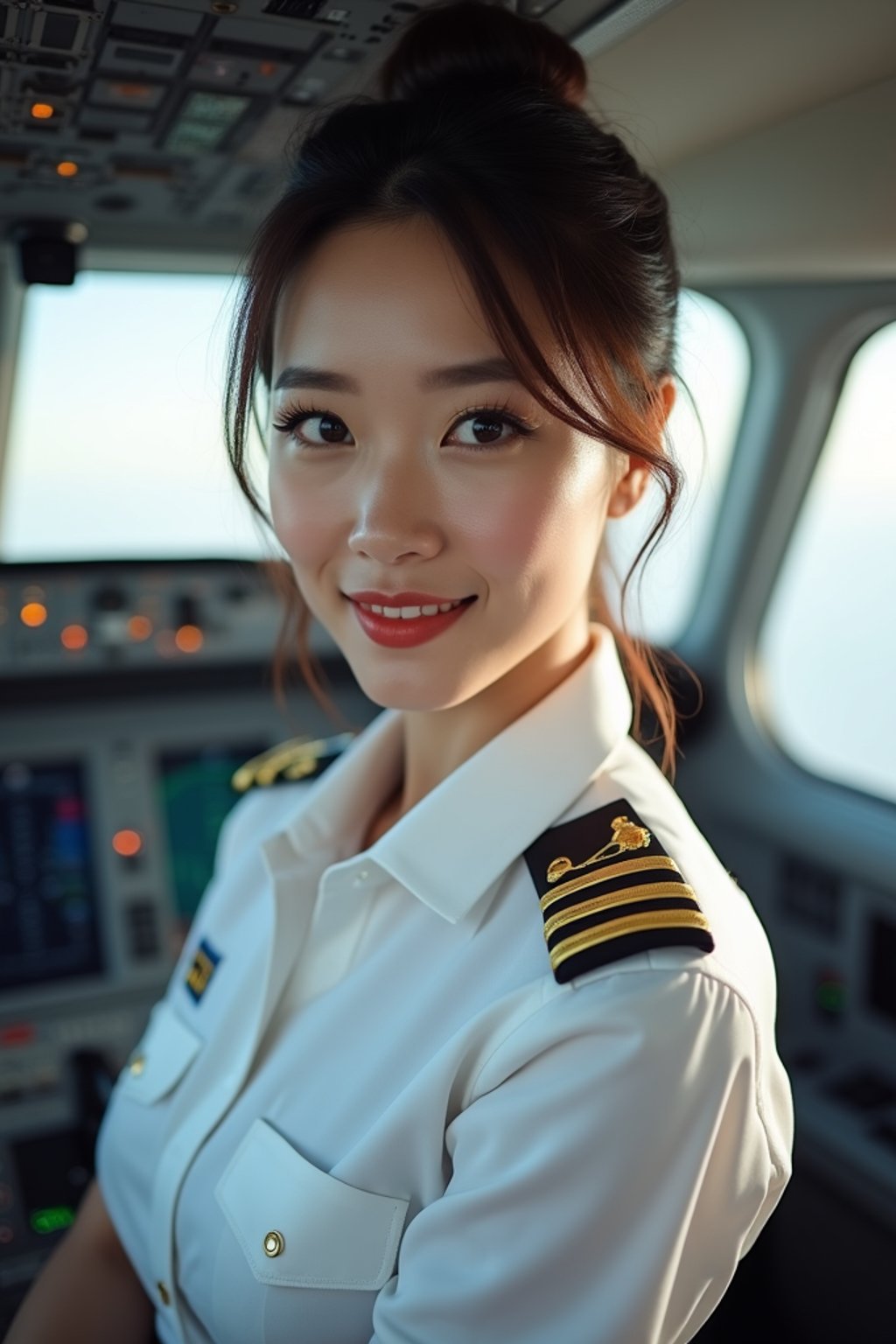 woman as a Airline Pilot inside the Cockpit with white shirt Pilot Uniform