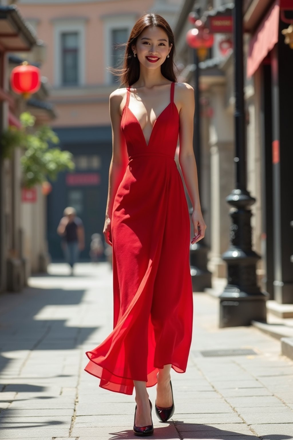 woman in red  dress showing cleavage walking on the curb in black  high heels