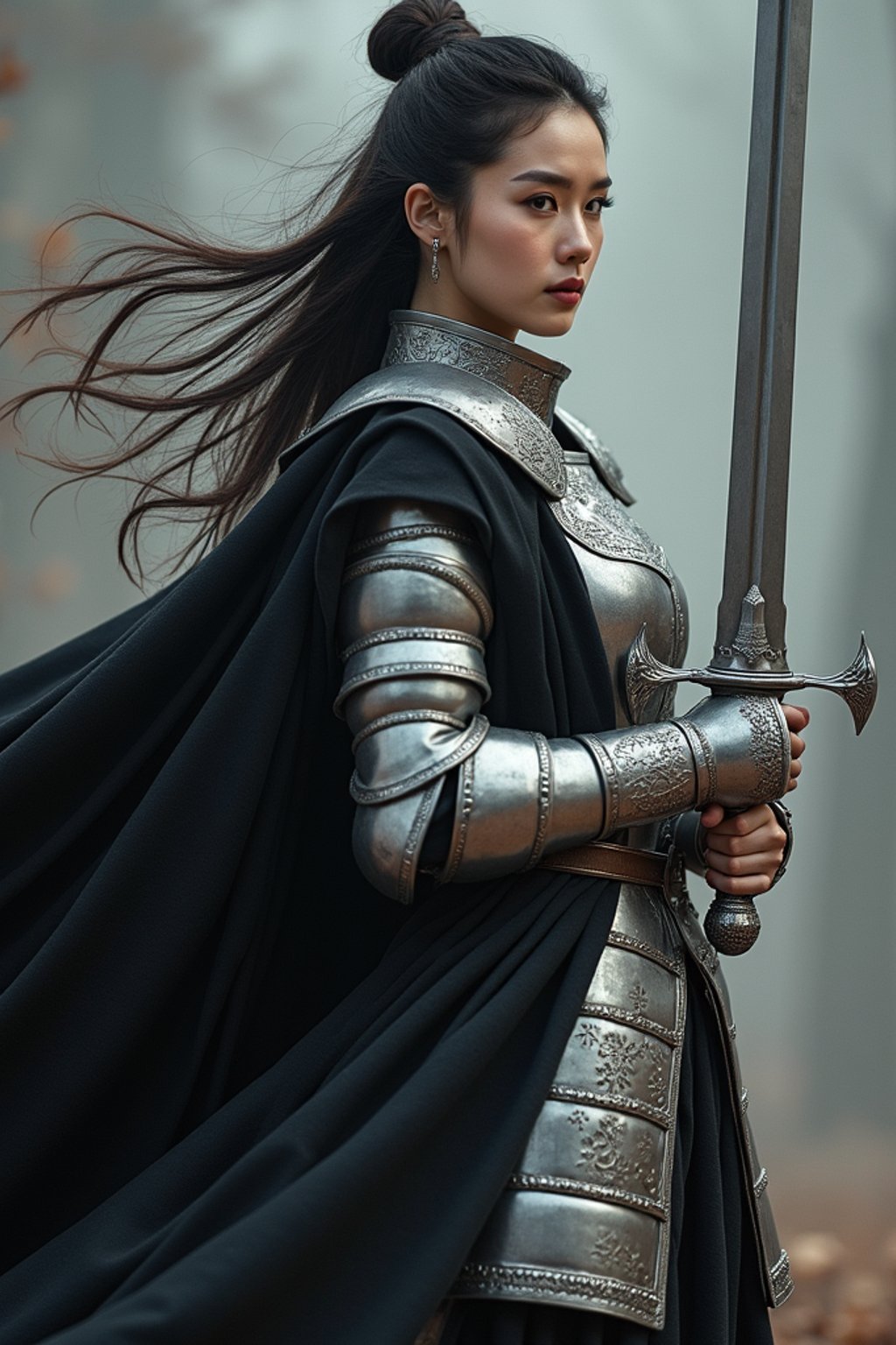 happy woman as a Medieval Knight in silver armor, wearing a black elegant cape flowing in the wind, the knight holds a sword in one hand