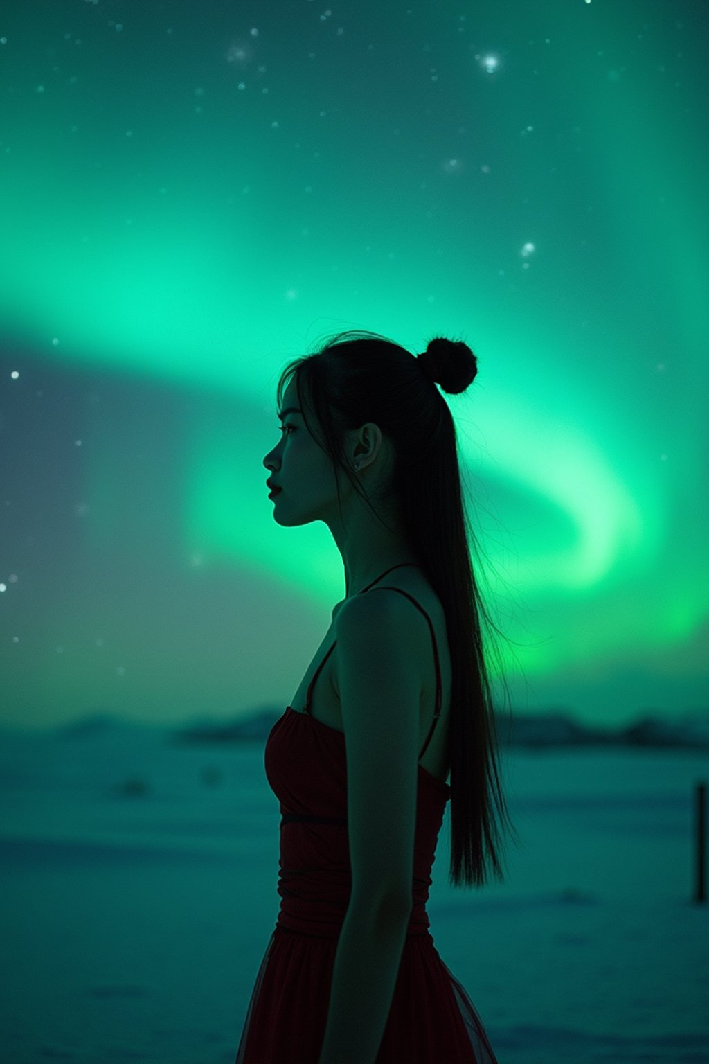 woman at night at the Northern Lights Aurora Borealis