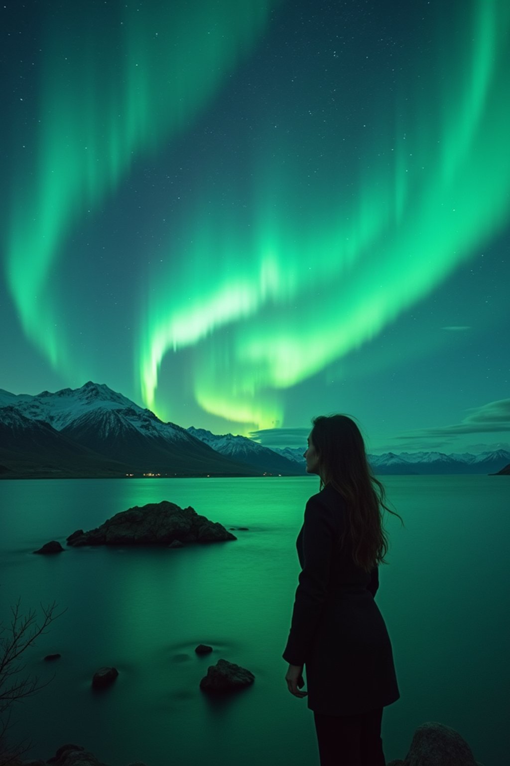 woman at night at the Northern Lights Aurora Borealis