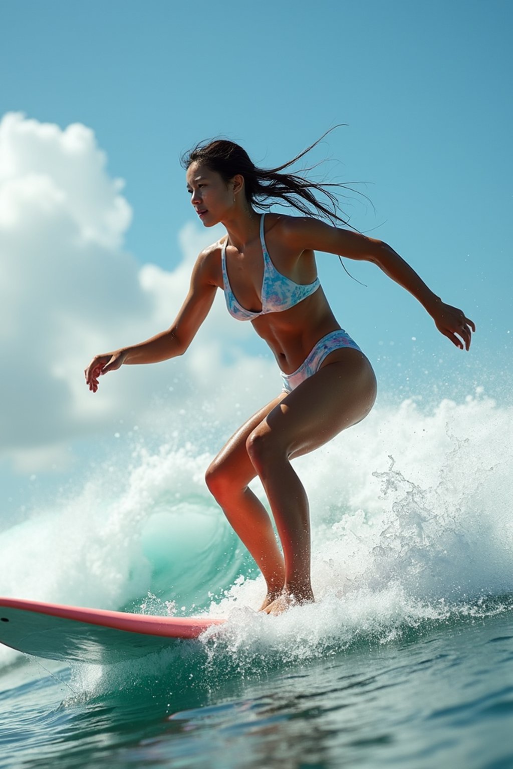 woman as a Professional Surfer wearing swimwear on a Surf Board surfing in the ocean