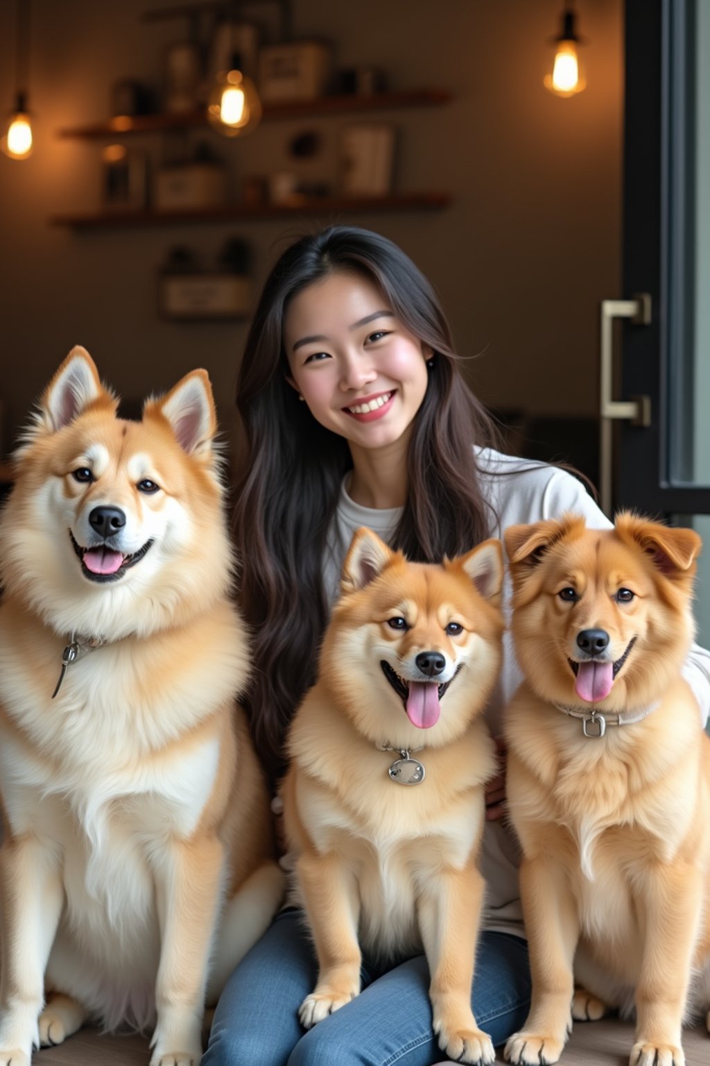 woman in a Dog Cafe with many cute Samoyed and Golden Retriever dogs