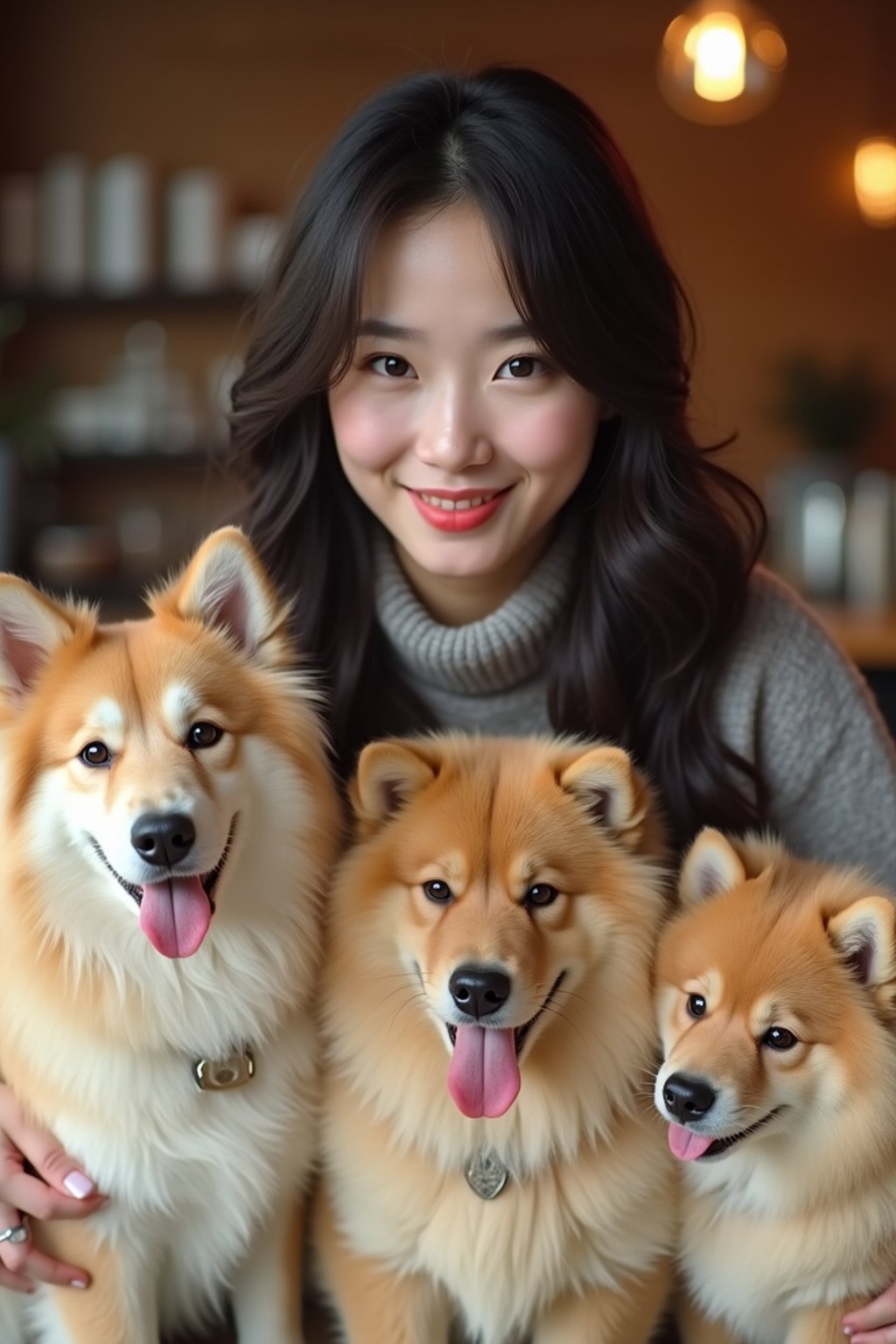 woman in a Dog Cafe with many cute Samoyed and Golden Retriever dogs