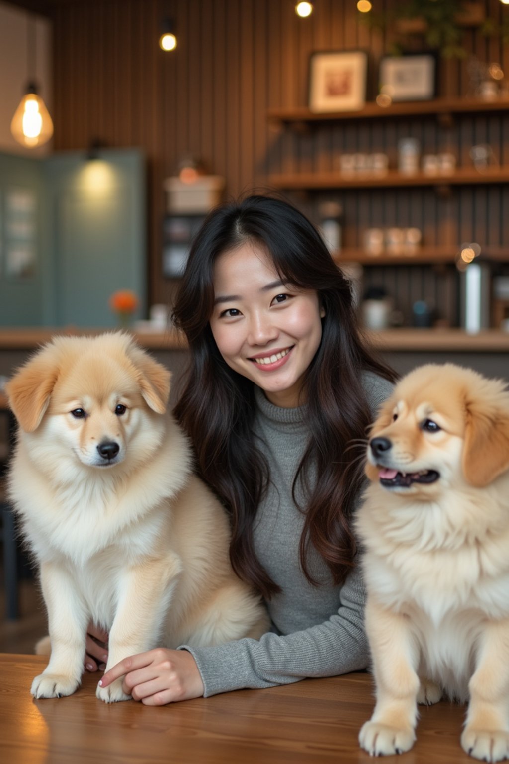 woman in a Dog Cafe with many cute Samoyed and Golden Retriever dogs