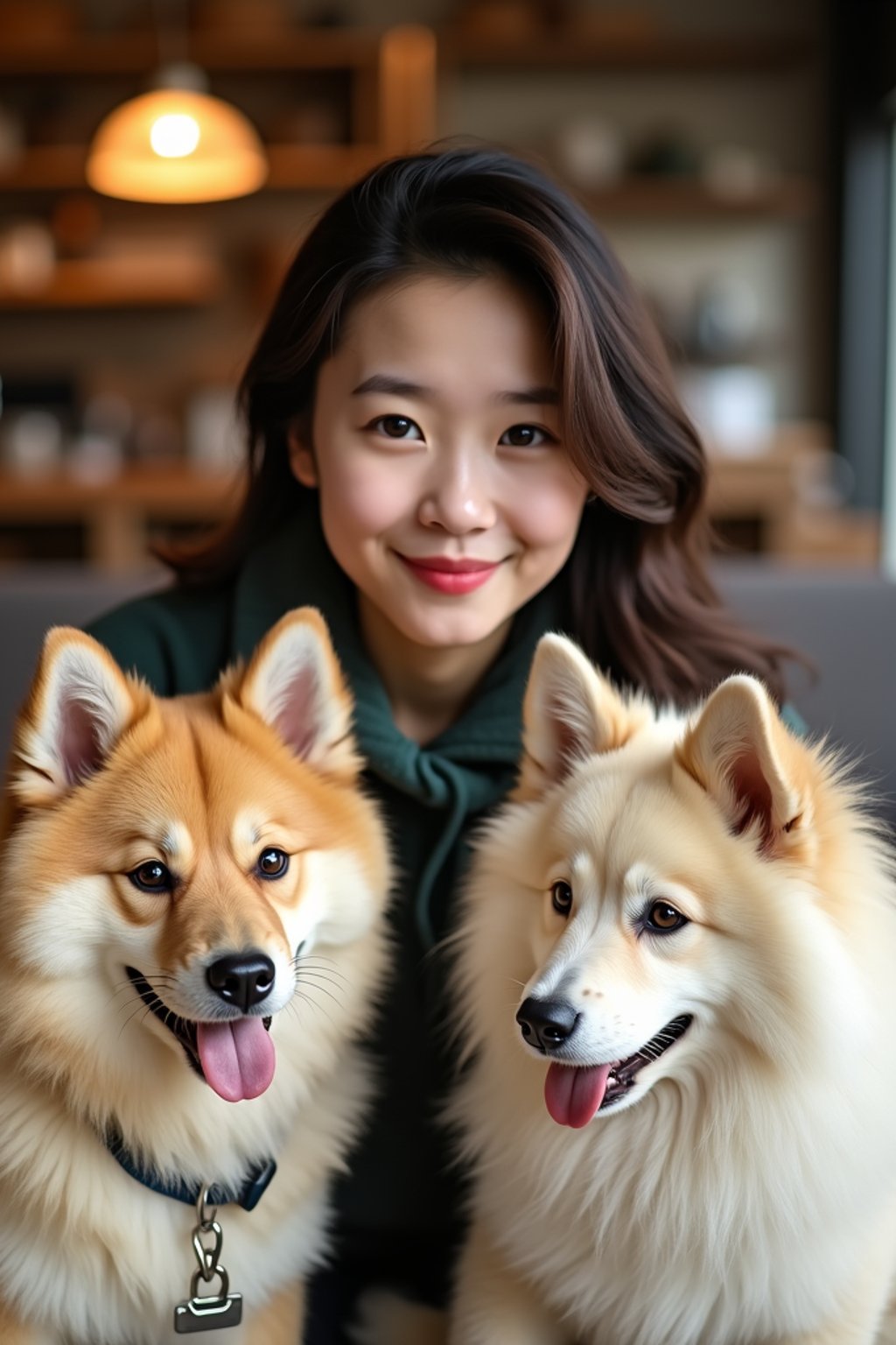 woman in a Dog Cafe with many cute Samoyed and Golden Retriever dogs