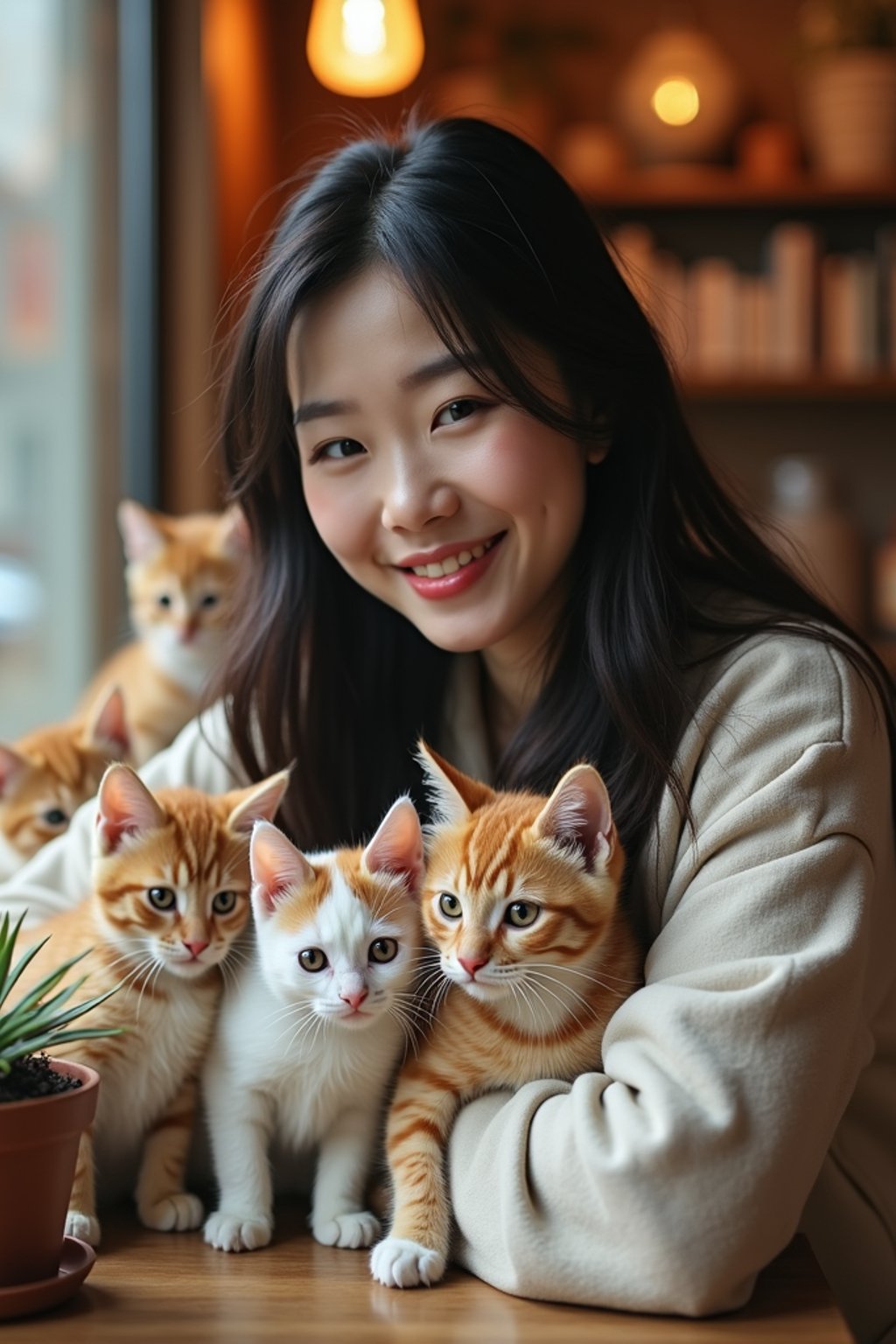 woman in a Cat Cafe with many cute Cats and Kittens around them