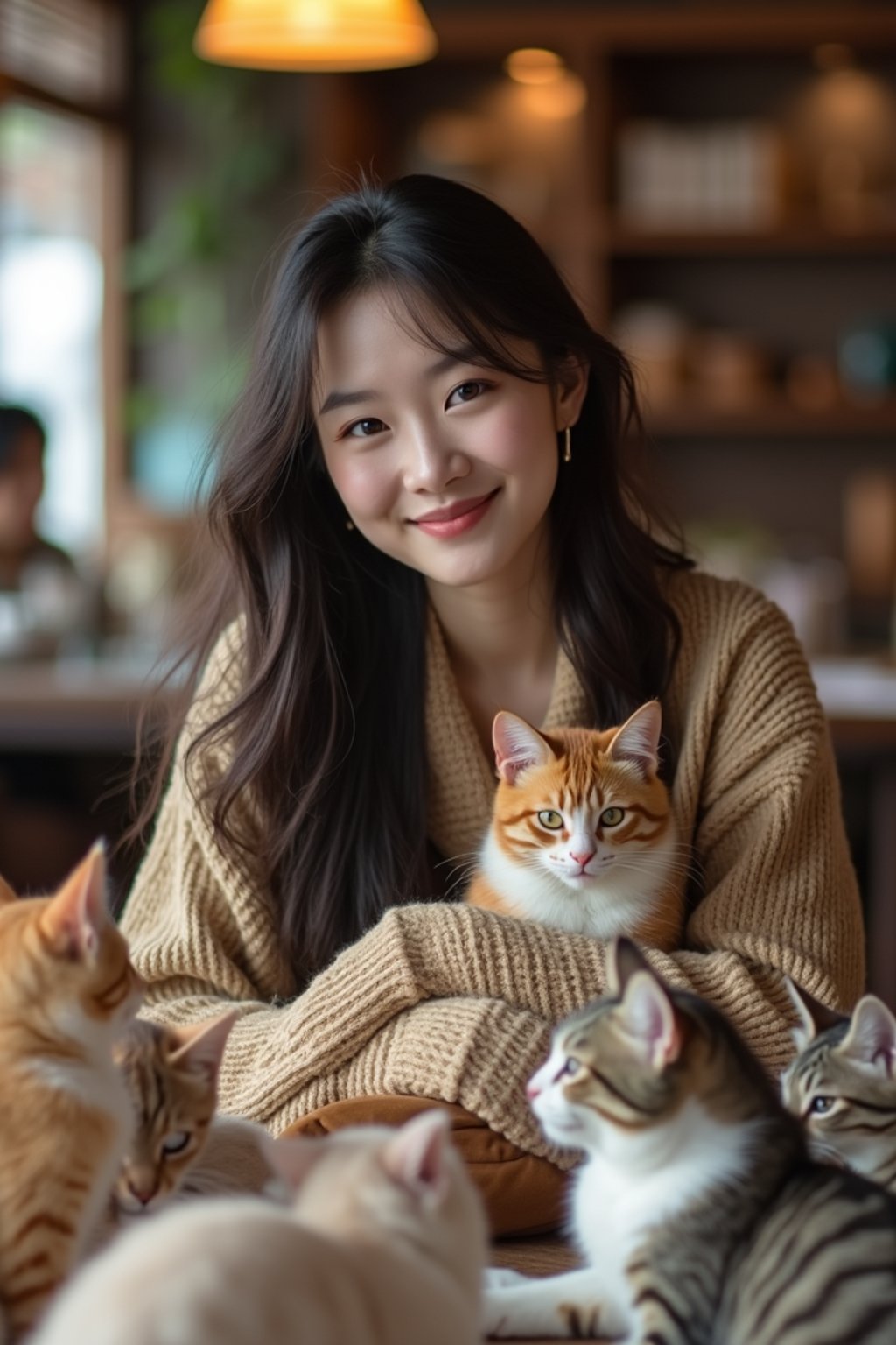 woman in a Cat Cafe with many cute Cats and Kittens around them