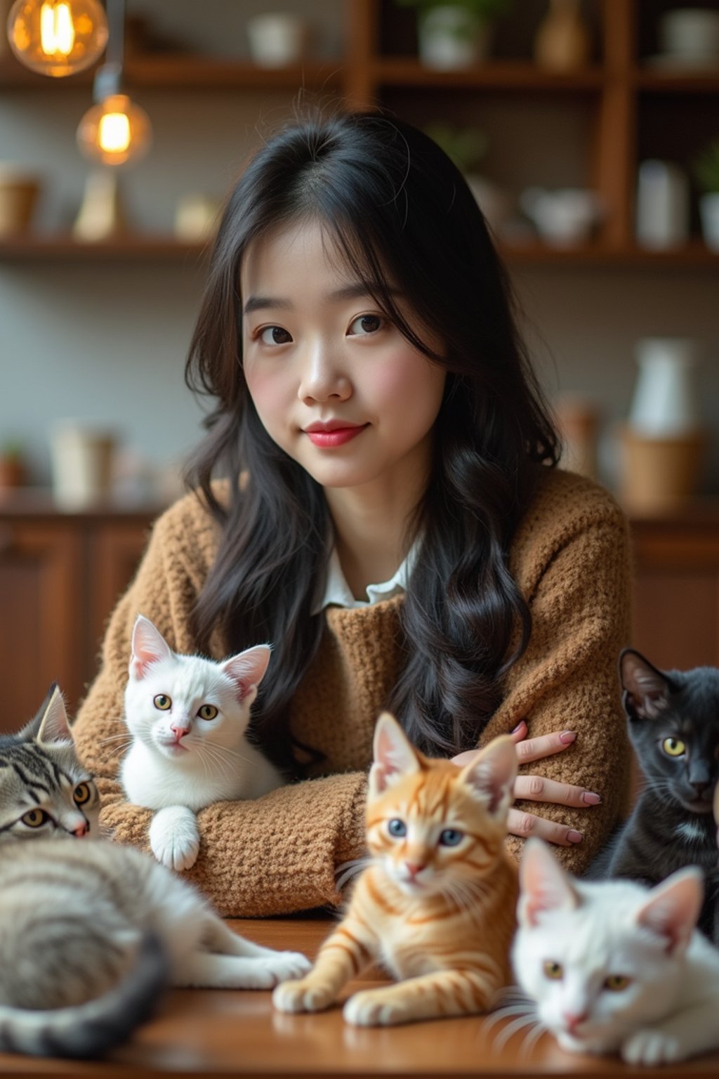 woman in a Cat Cafe with many cute Cats and Kittens around them